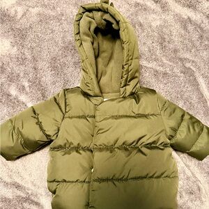 Old Navy Olive Green Puffer Jacket with Dino hood size 0-3mo